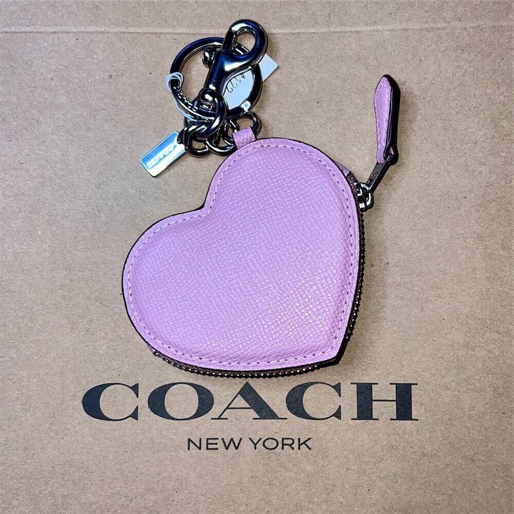COACH Pink Leather Heart Bag Charm Coin Purse Keychain CP371 Silver Hardware NWT - Picture 2 of 5